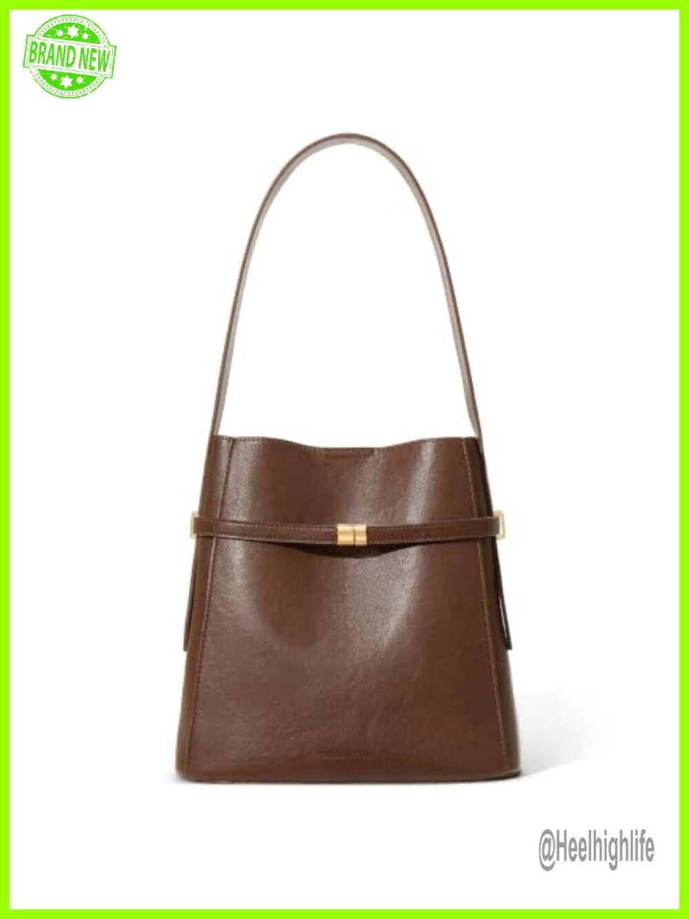 Vegan Leather Bucket Bag Shoulder Purse Vintage Gold-Tone Belt Detail